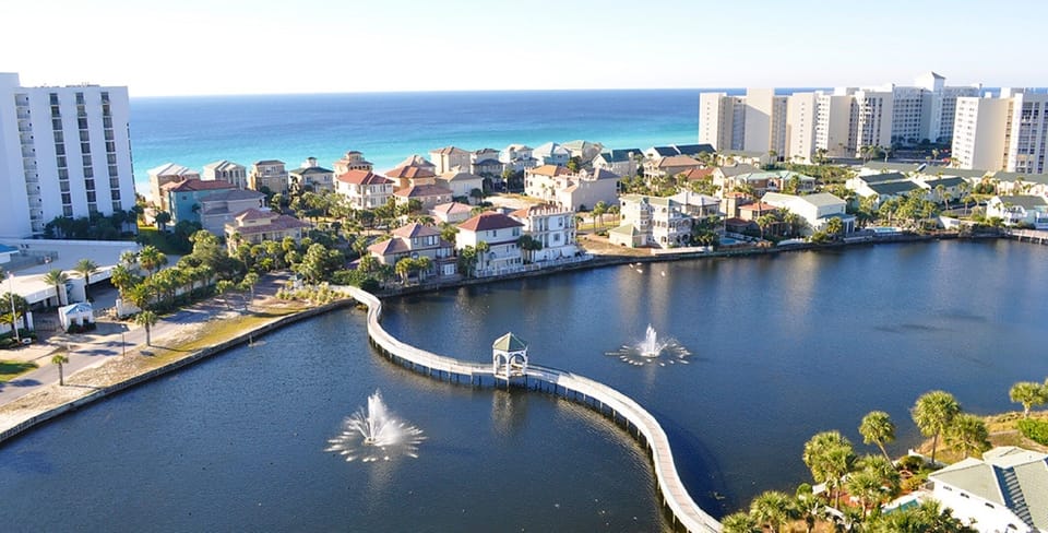 Private lagoon, gulf views and Destin coastline as seen from balcony. 