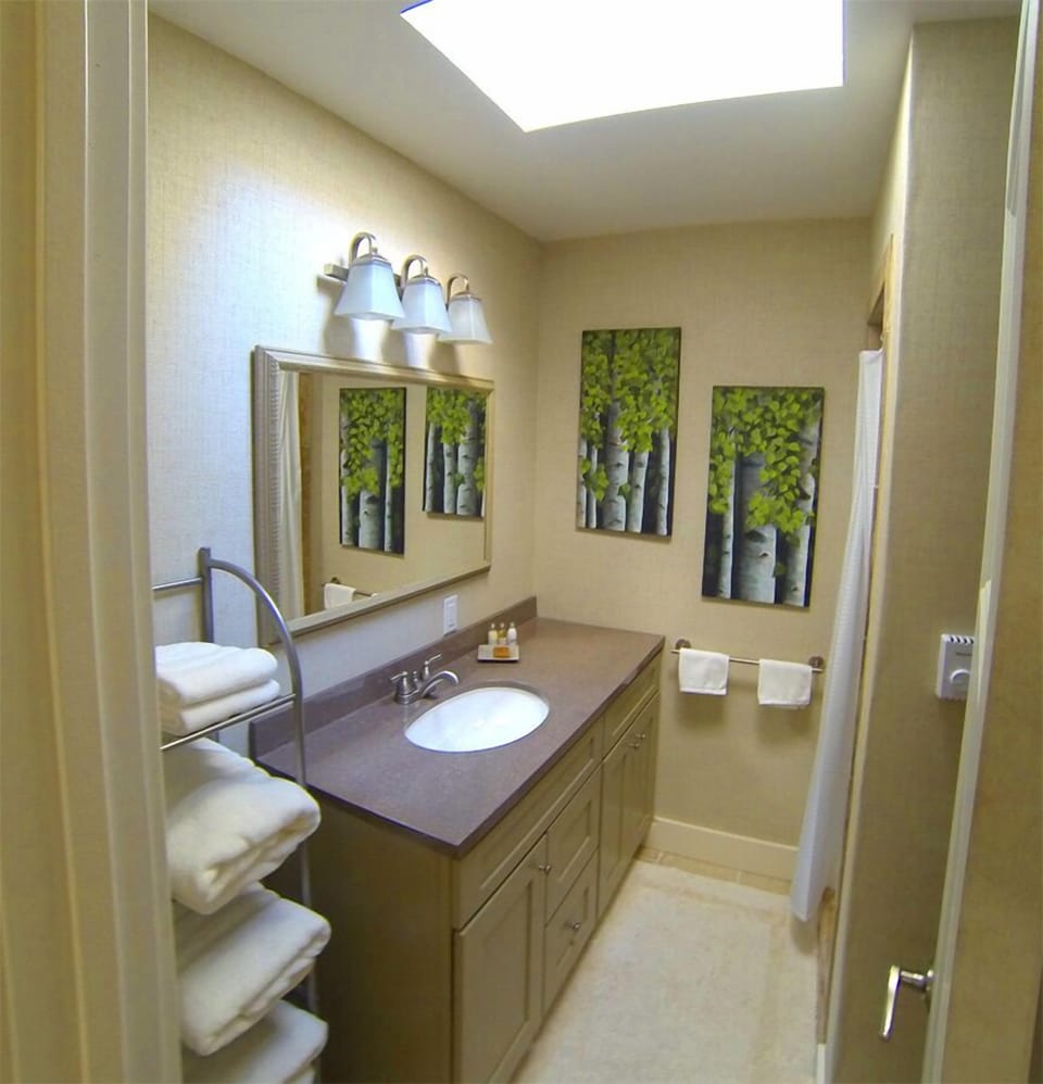 bathroom with shower and heated floors. 