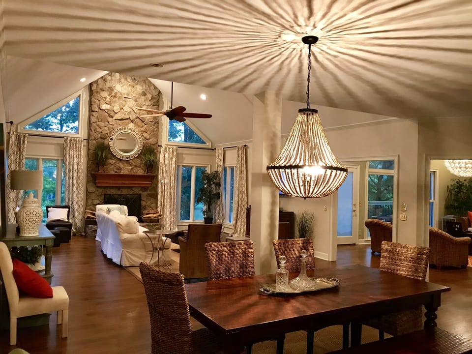 view from the kitchen into the dining room & great room