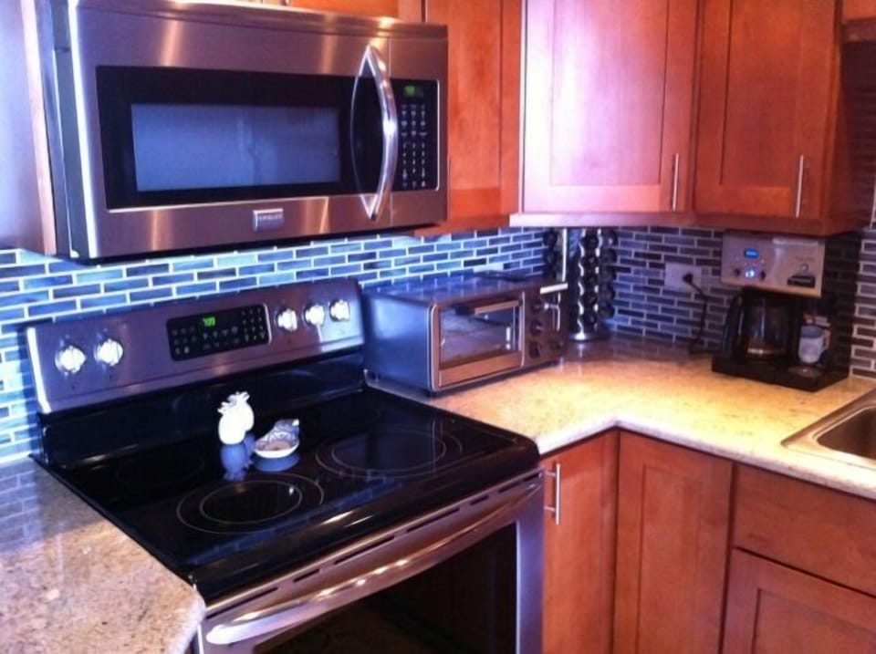 Fully stocked kitchen.