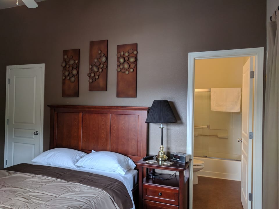 Master bedroom with a queen-size bed, with a master bathroom