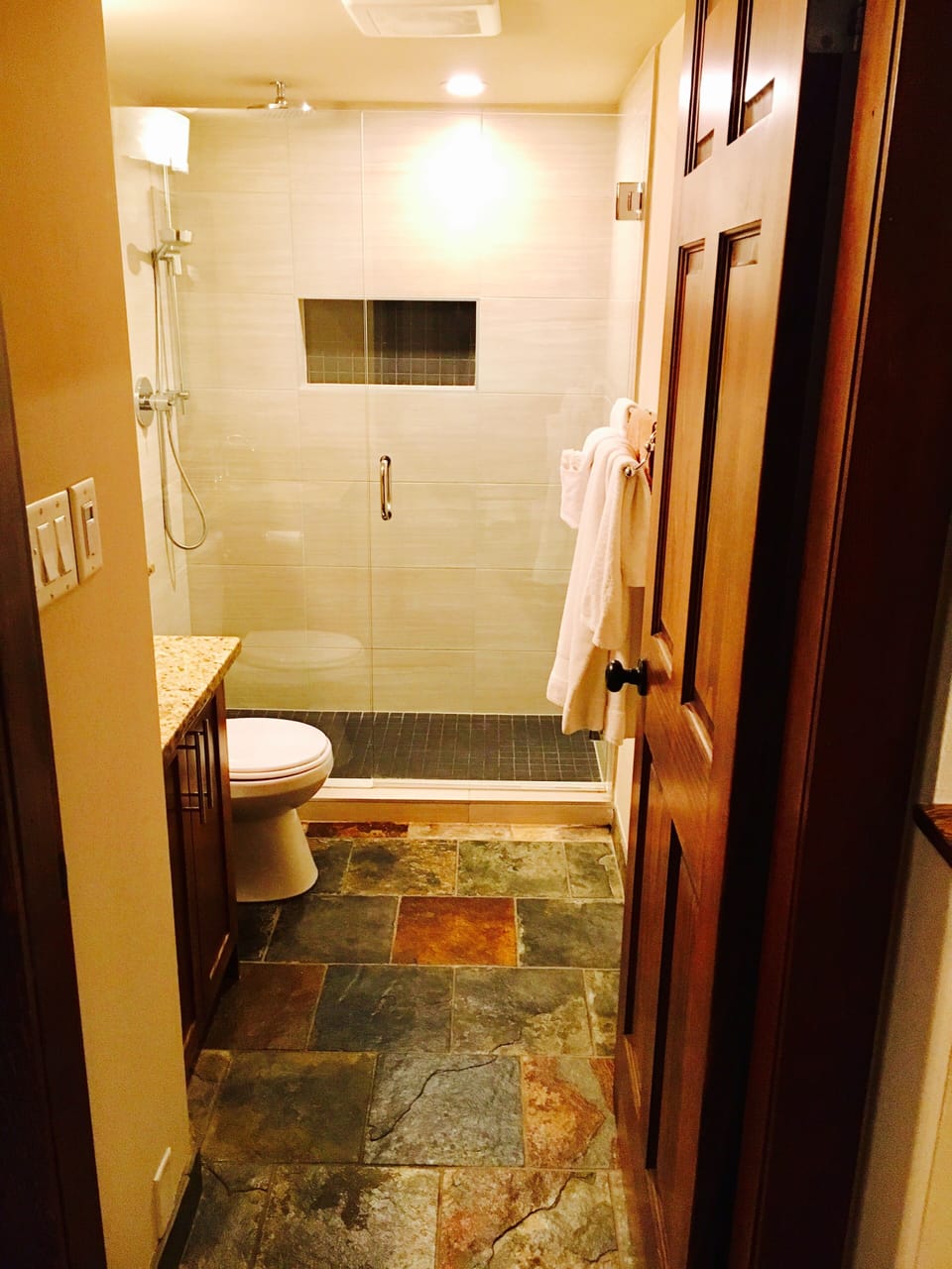 Newly renovated bathroom with rain shower