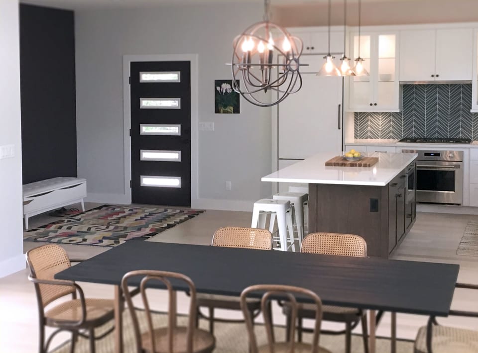 Kitchen, entry, dining.