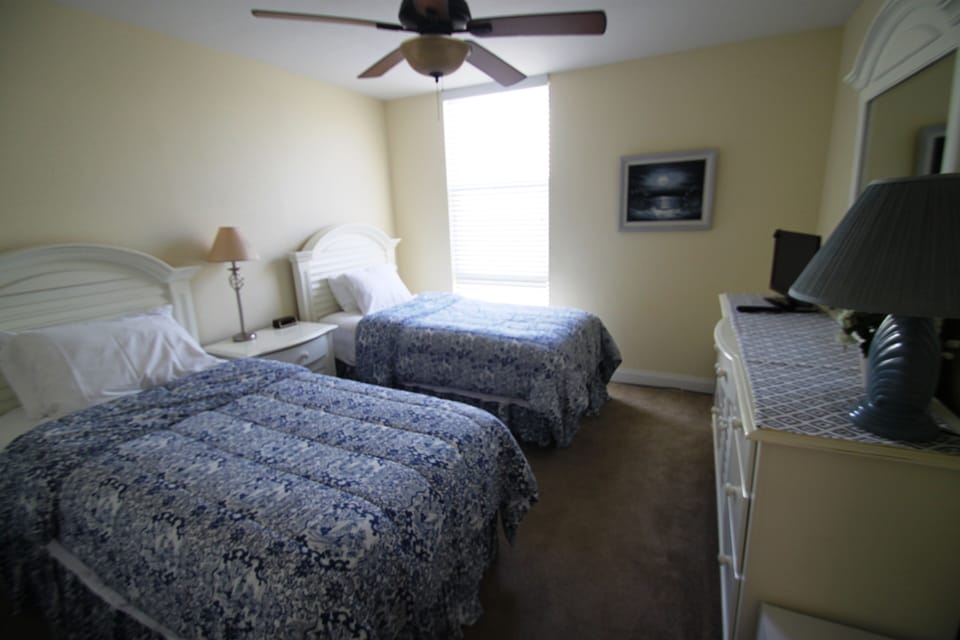 Two Twin Beds in guest bedroom with TV.