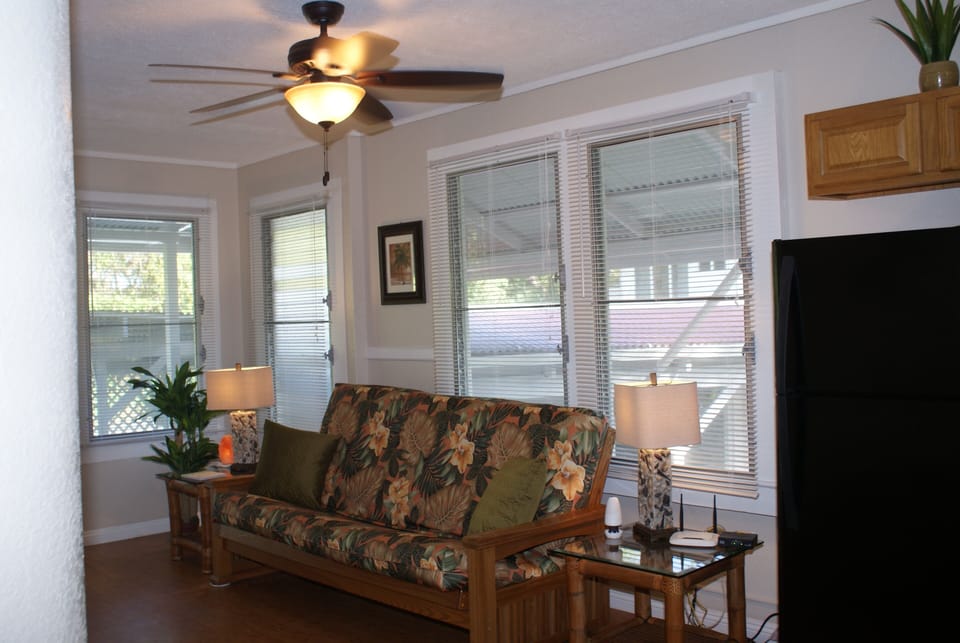 Front living room with Queen futon sofa sleeper