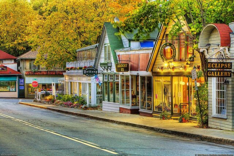 Corner of Mt Desert Street and Main Street in Downtown Bar Harbor.