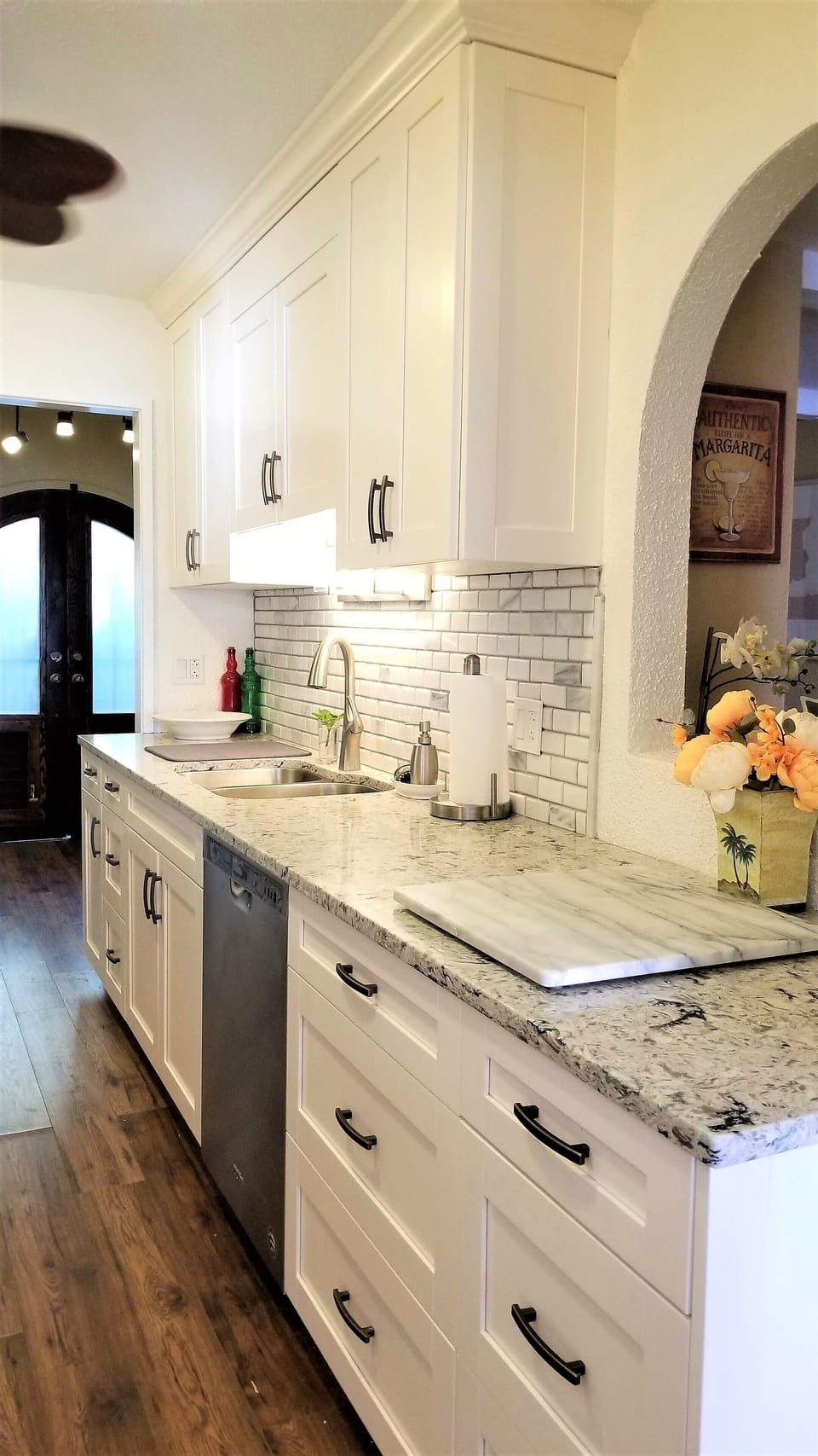 New kitchen - custom cabinets, quartz countertops,  marble backsplash