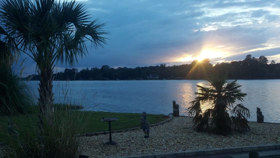 View of lake at sunset.