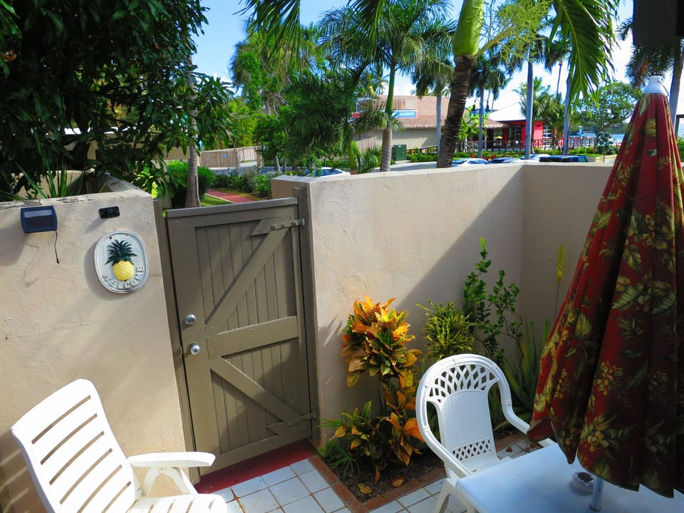 Private walled in garden patio with outdoor furniture. 