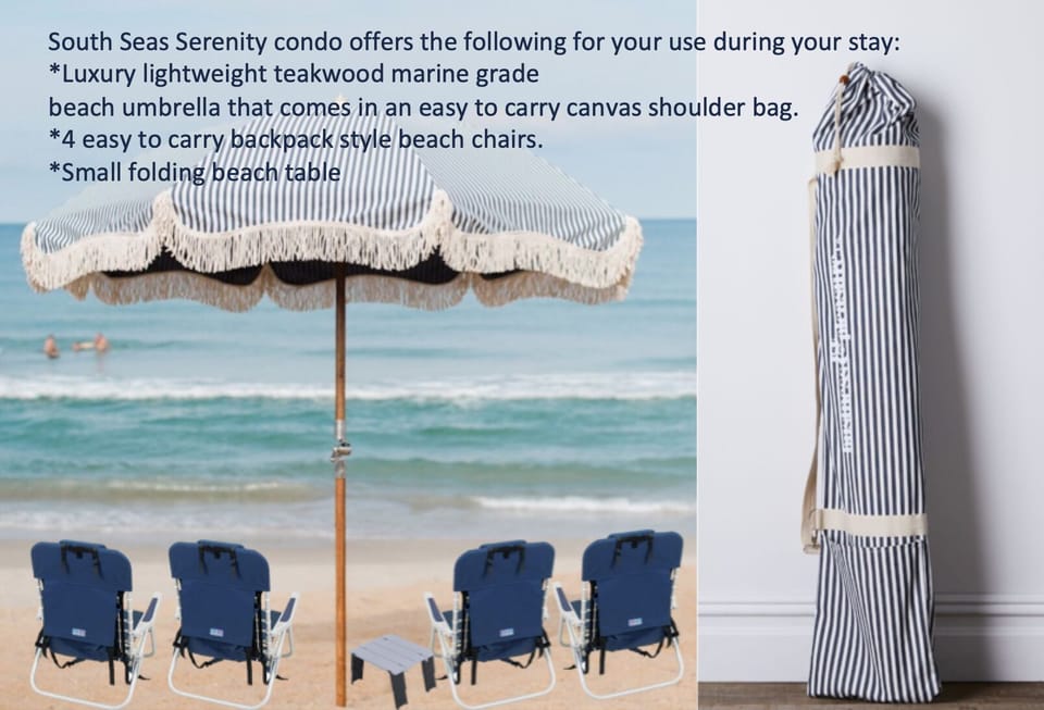 Beach umbrella and 4 beach chairs provided for your convenience.