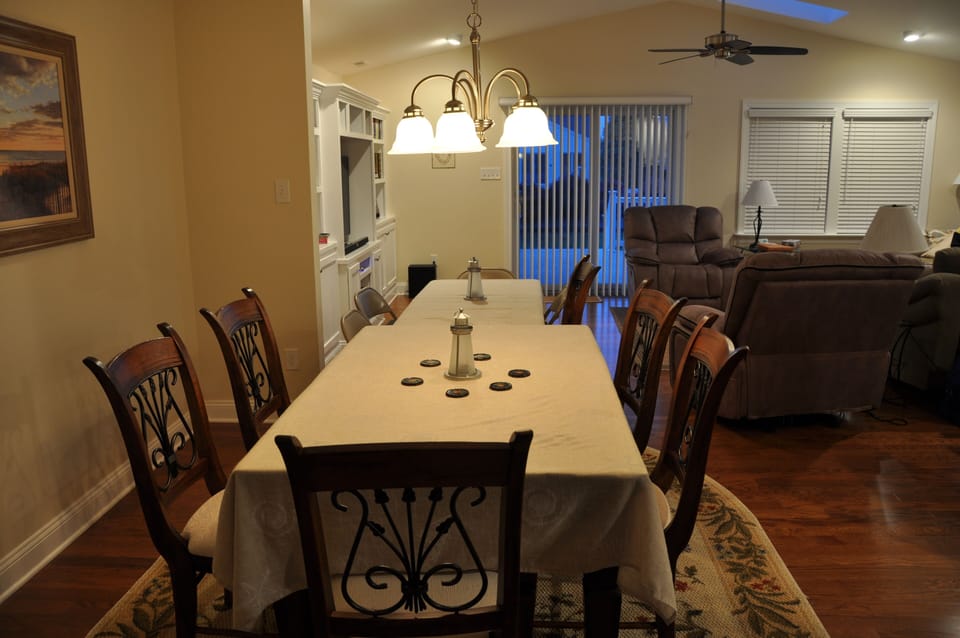 Dining room with expandable seating (folding table and chairs stored in garage)