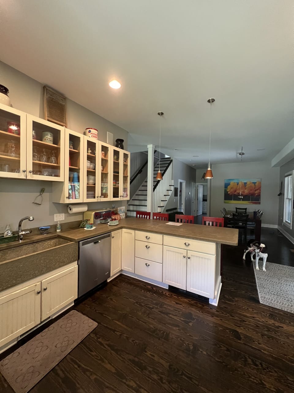 Kitchen into dining room/staircase