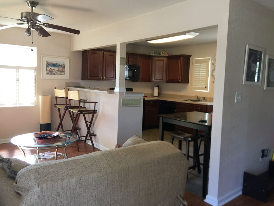 Living room showing entrance to kitchen