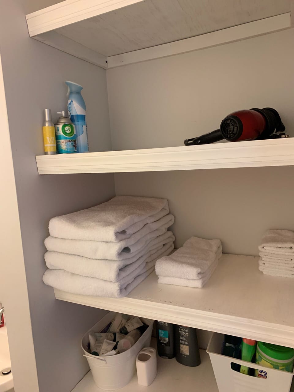 Fresh towels and bath supplies for your use.