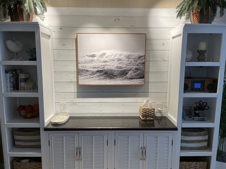 Kitchen ship lap feature wall with storage 