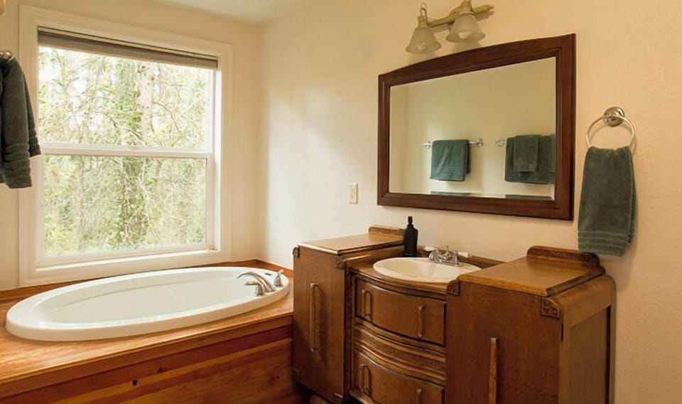 West suite bathroom with a view. bathtub and shower.