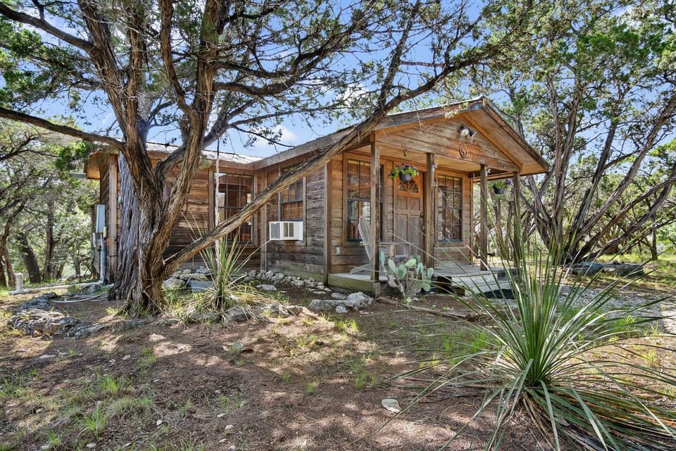 A rustic wooden cabin, nestled amongst trees and natural vegetation, features a front porch and a simple, inviting exterior.