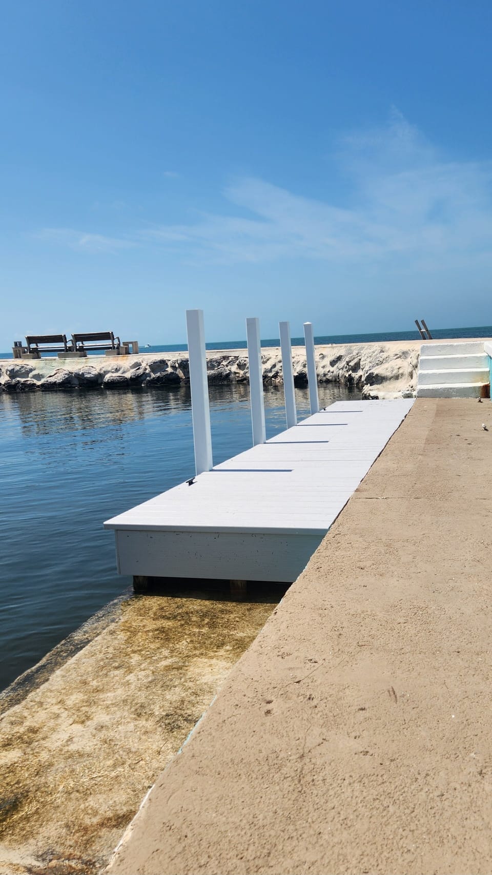 steps for entering the water and boats, cool to touch dock