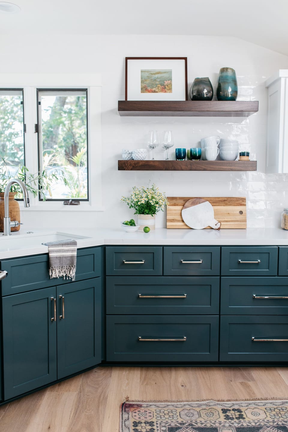 New cabinets with modern hardware and open shelves