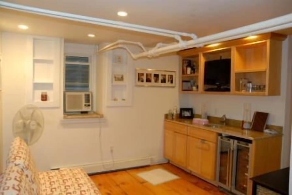 Downstairs tv room with pull out futon, wine refrig and sink