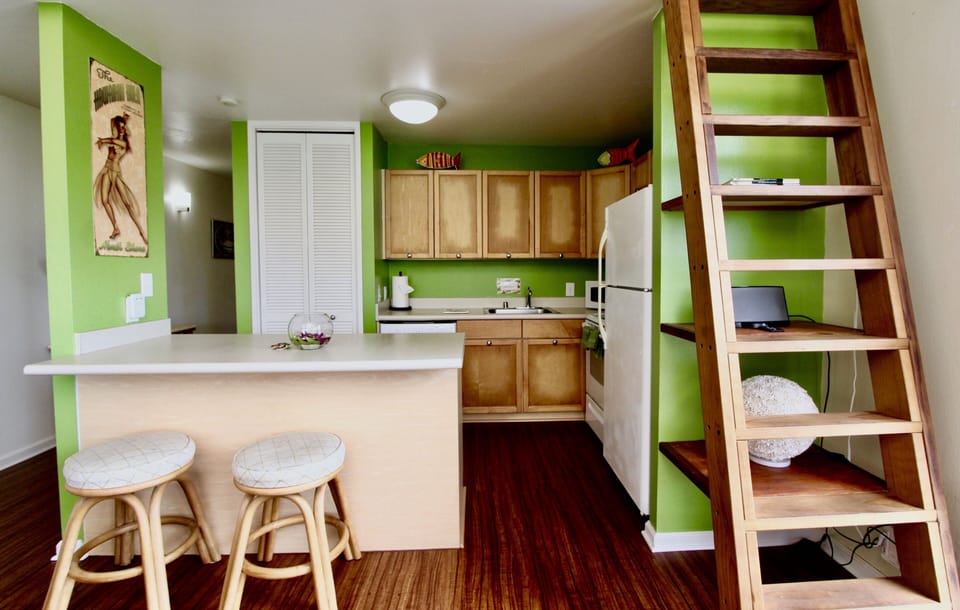 Fully equipped kitchen. (Ladder not for guest use).