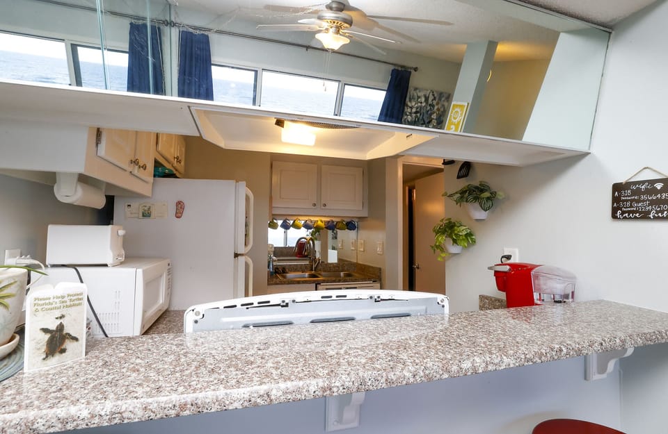 Kitchen taken from where the table is located.