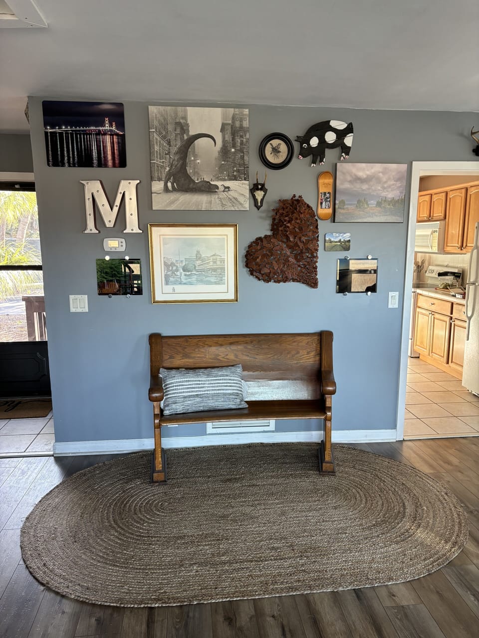 Feature wall and bench.