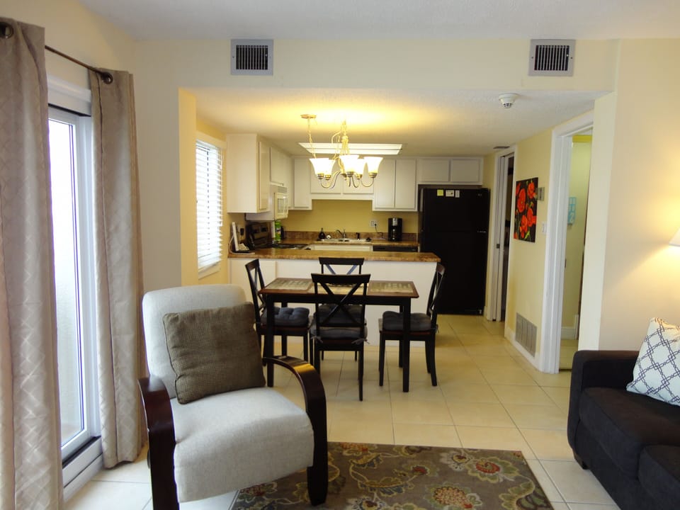 Living room, dining area, and kitchen