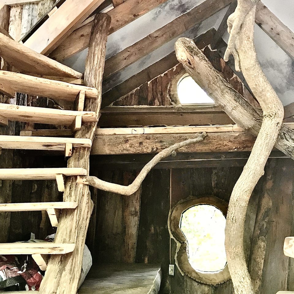 Second floor of Morning-Dove treehouse stairs to third floor double bed loft.  