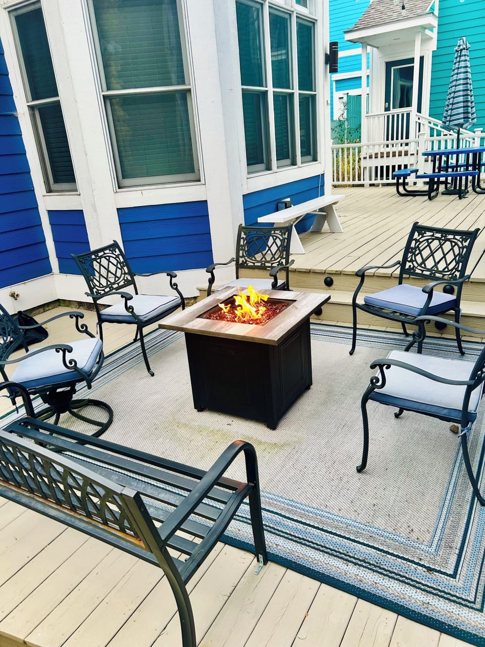 fire pit seating area on back deck