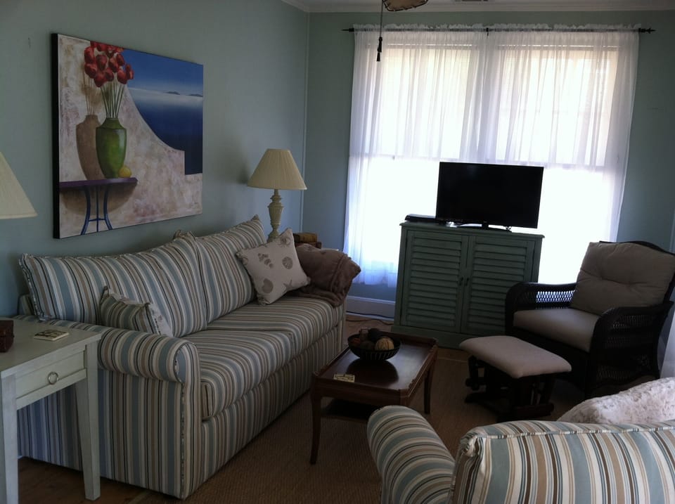 Comfortable family room with sleeper sofa and DISH TV