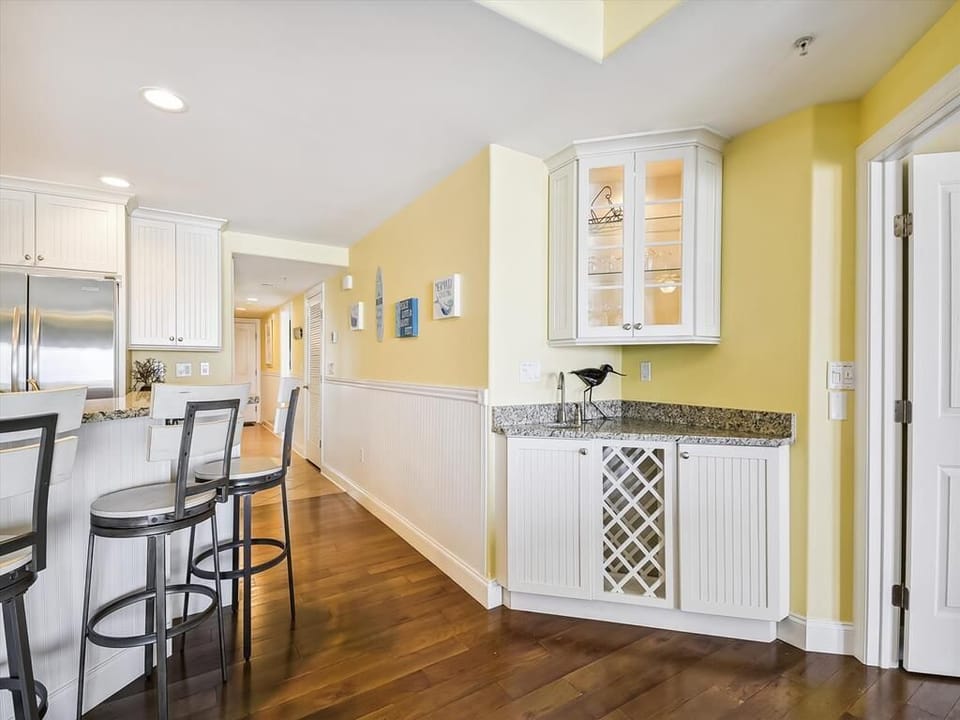 Wet bar and kitchen island with new stools