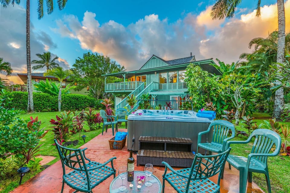Unwind in the new hot spring spa as the sky turns golden—an unforgettable way to end your Kauai day.