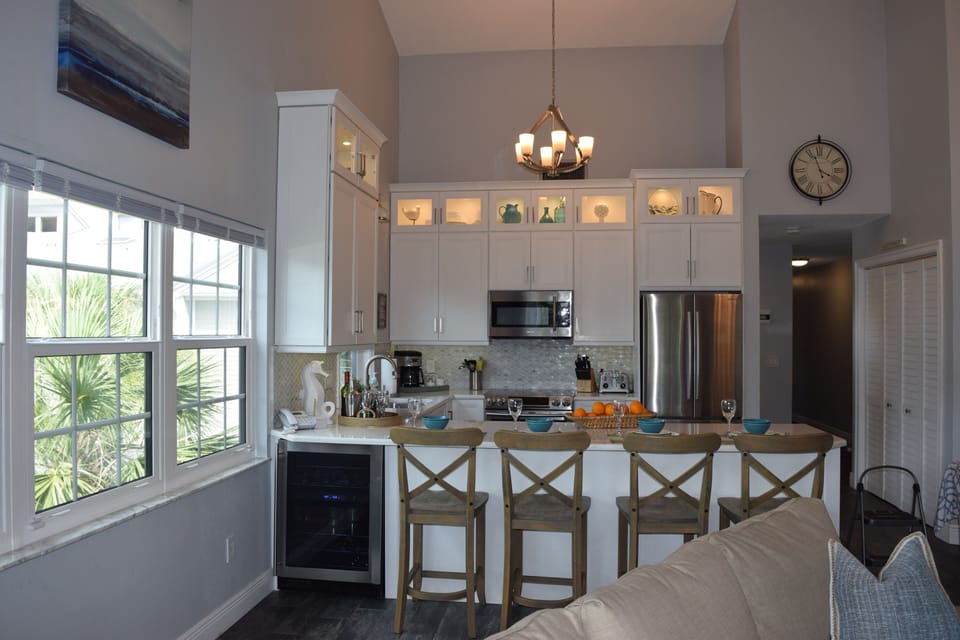 Spacious counter and beverage fridge.