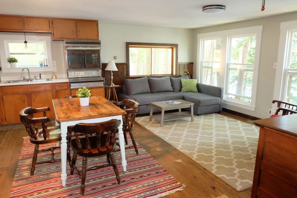 Living room: IKEA sleeper sofa & view to lake. New stove in 2023 (not in pic).