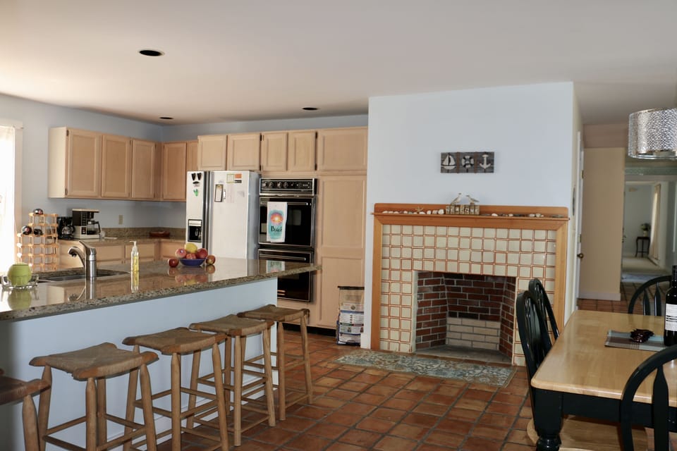 kitchen dining and fireplace