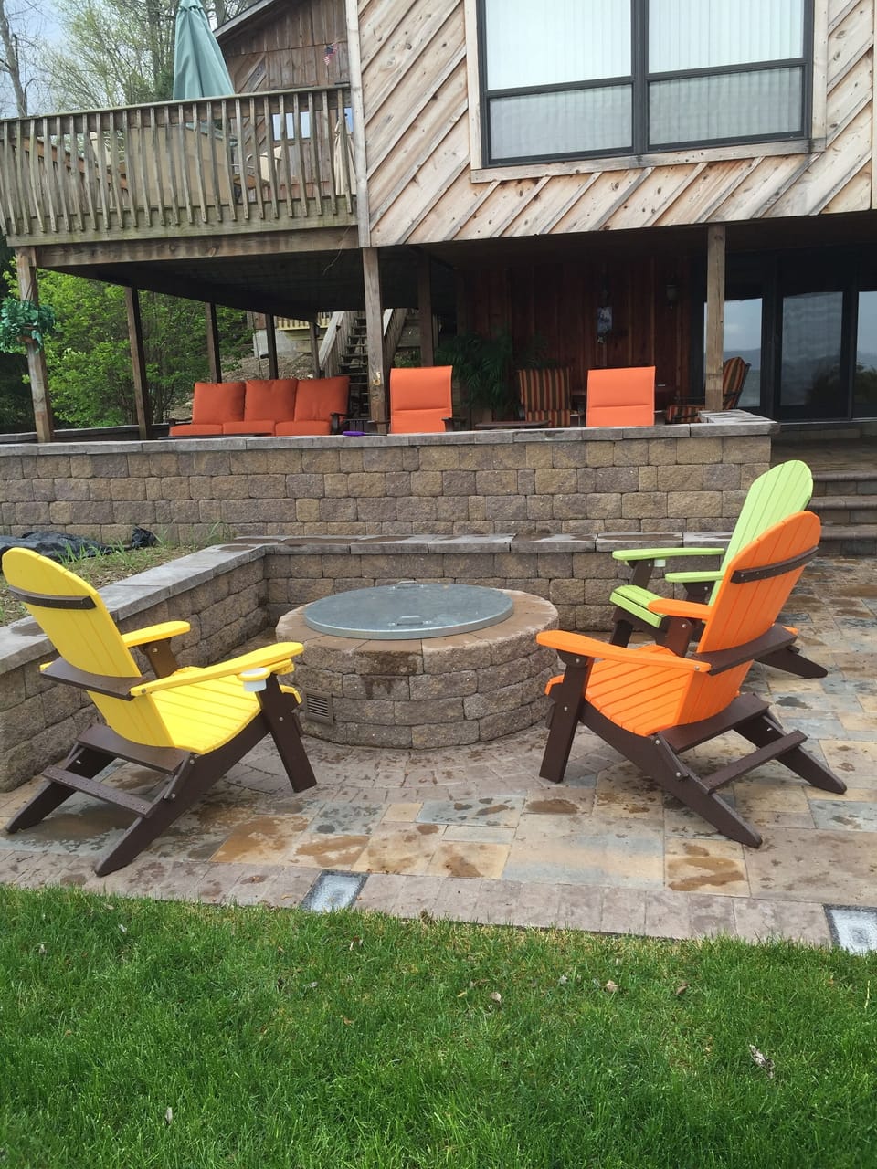 Gas fire pit and lower outside patio, overlooking the lake