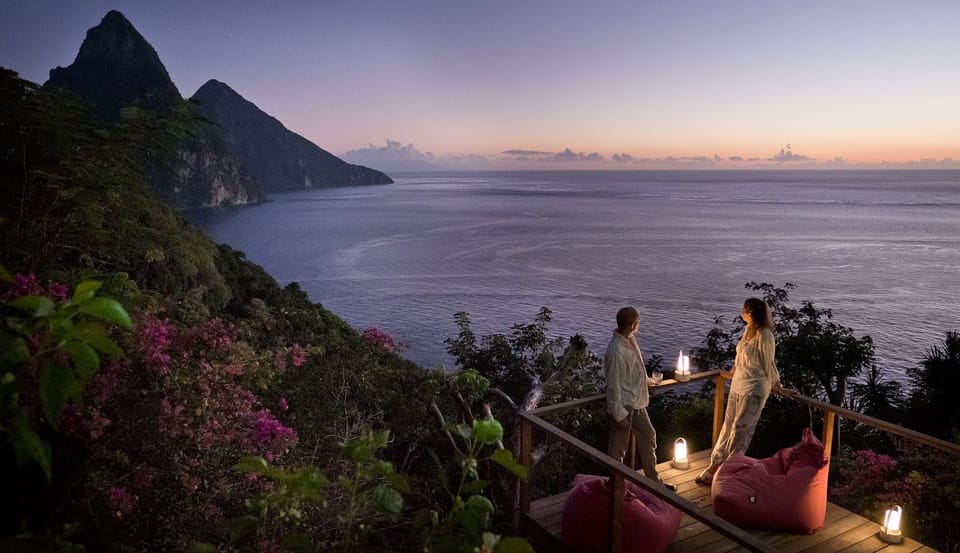 Sunset on the deck at The Lodge, Cosmos St Lucia