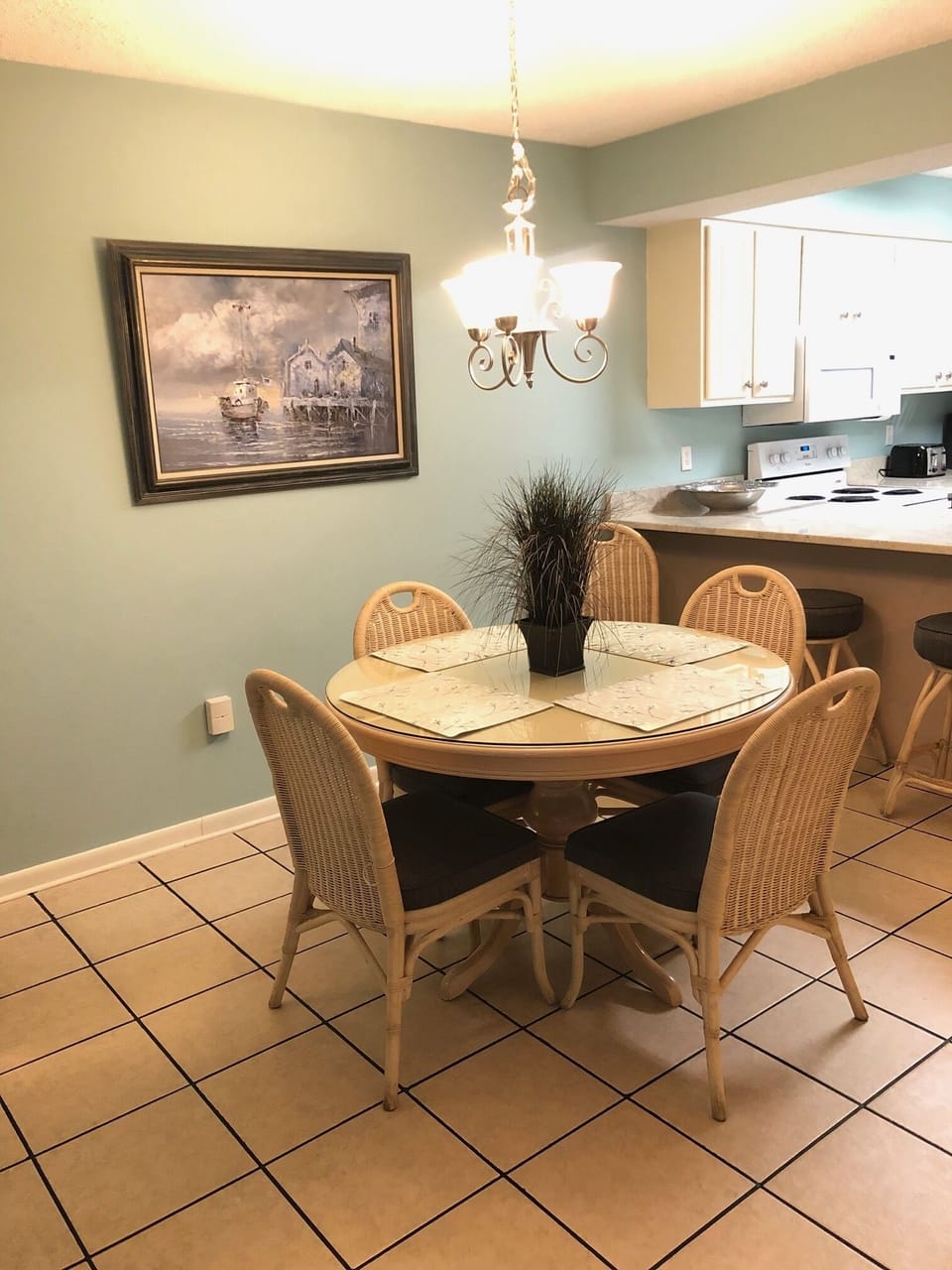 Dining table seats 6, plus 2 breakfast bar stools.