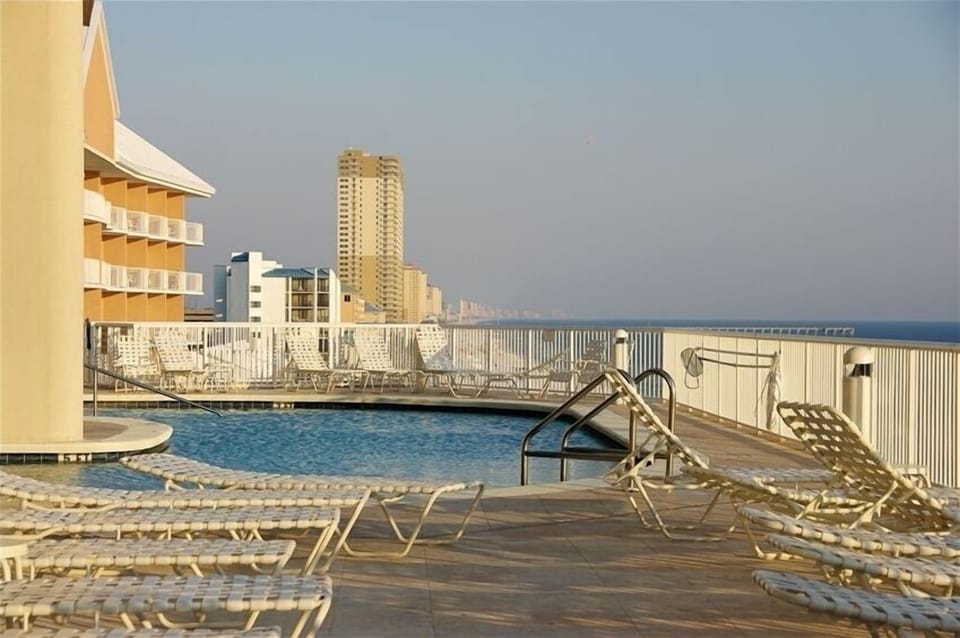 Elevated gulffront pool with spa. Full exercise room on the next level.