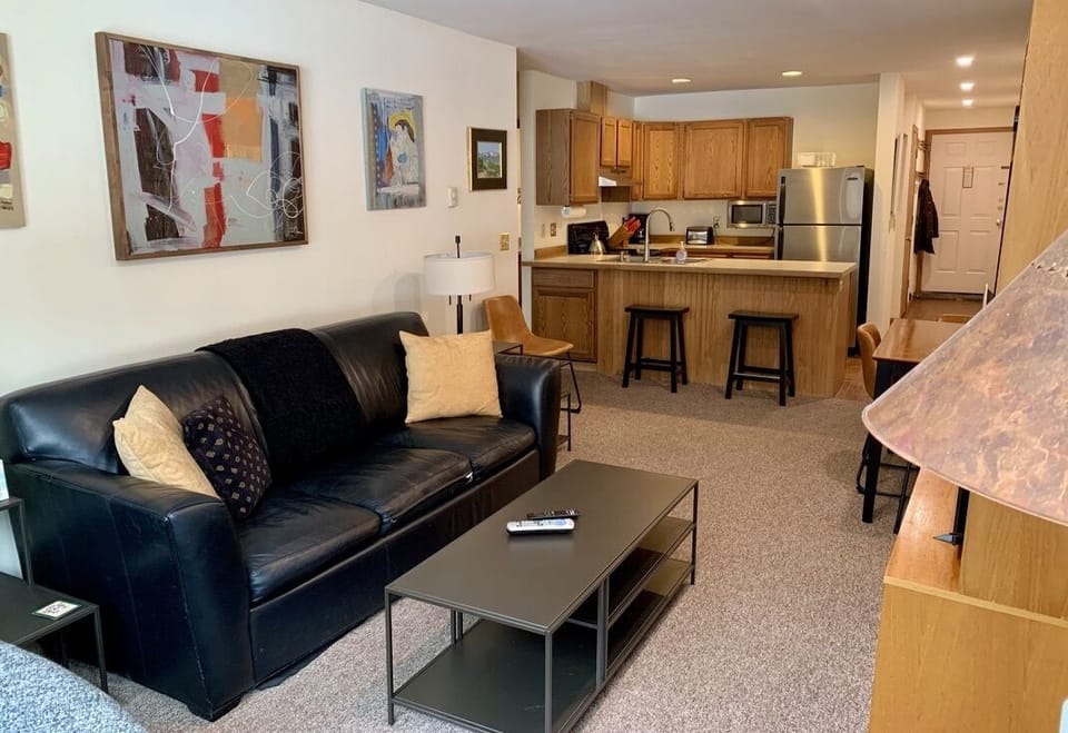 sleeper sofa, bars stools at kitchen, and view into kitchen, entrance hallway