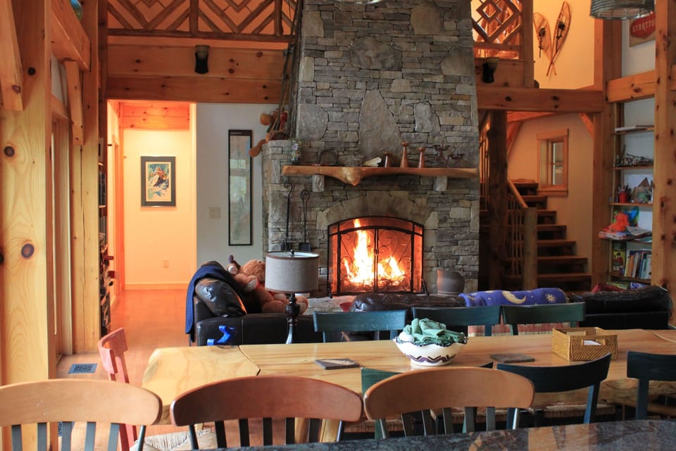 Our 30 foot fireplace is fashioned off of a lew french design - local stone
