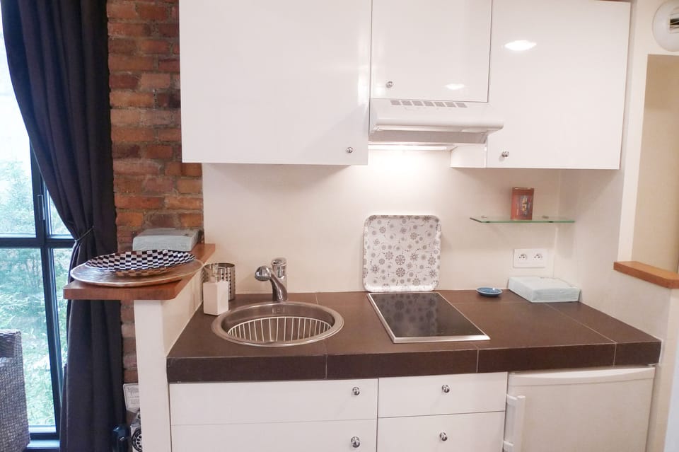 The designed open kitchen is equipped with microwave oven, refrigerator, stove… 