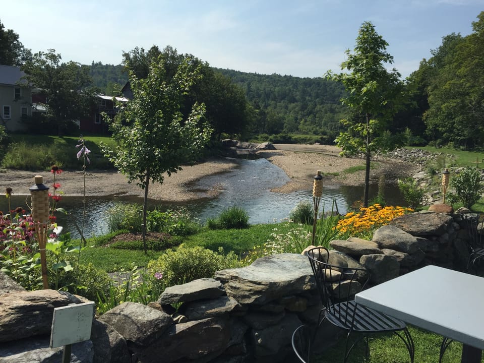 Looking downriver from the covered bridge and 
Twisted Halo.