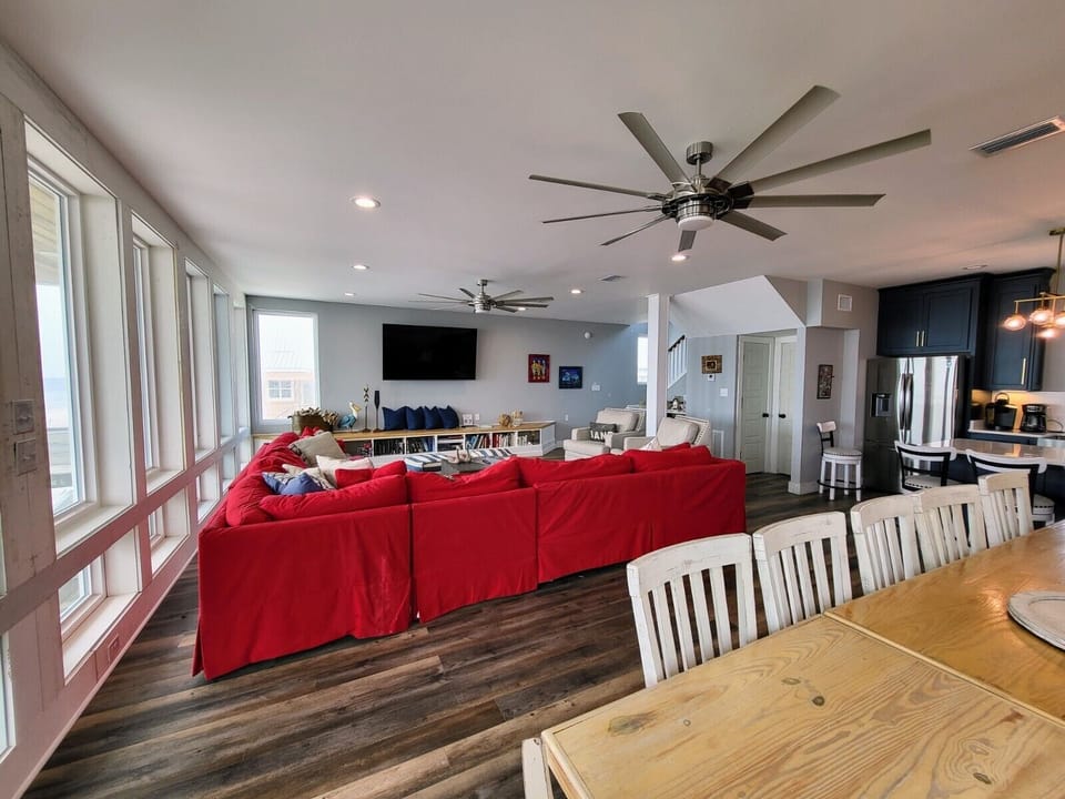 Large family room, dining, kitchen combination.