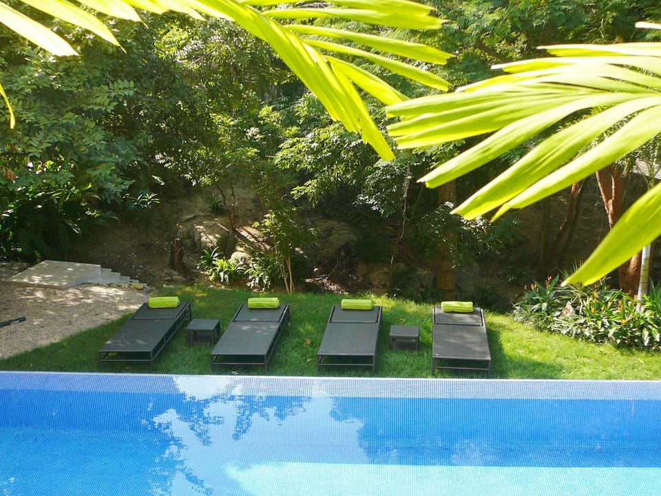 Lounge chairs at the 32' long infinity lap pool.