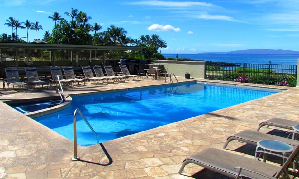 Private pool and hot tub for guests. This area has video surveillance cameras.