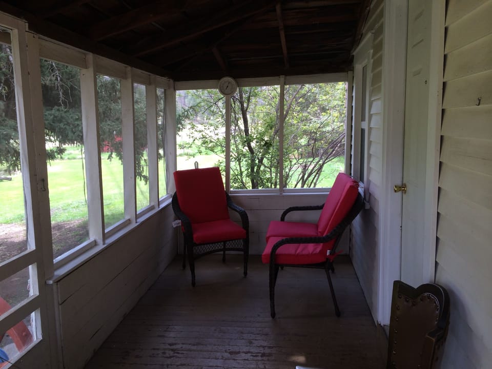 The screened in porch is shaded by two huge spruce trees.