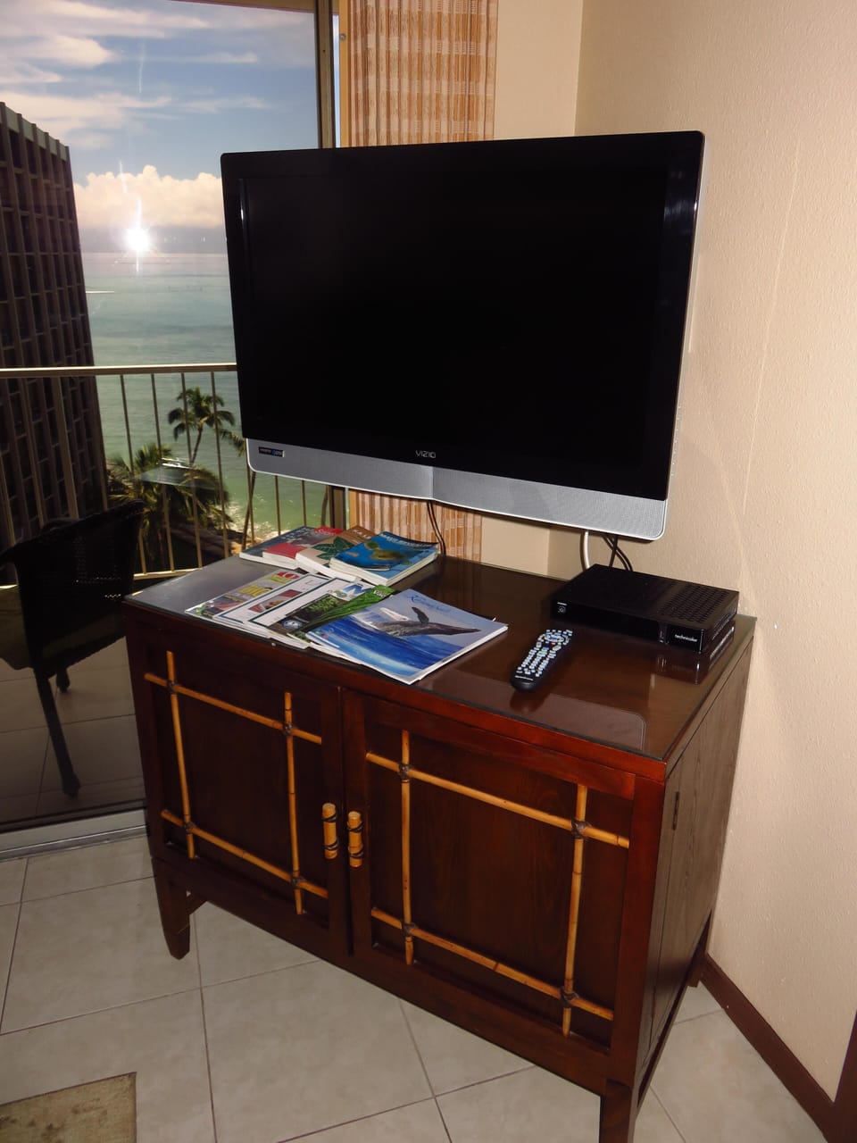 Flat screen TV, cable and Internet service.  
