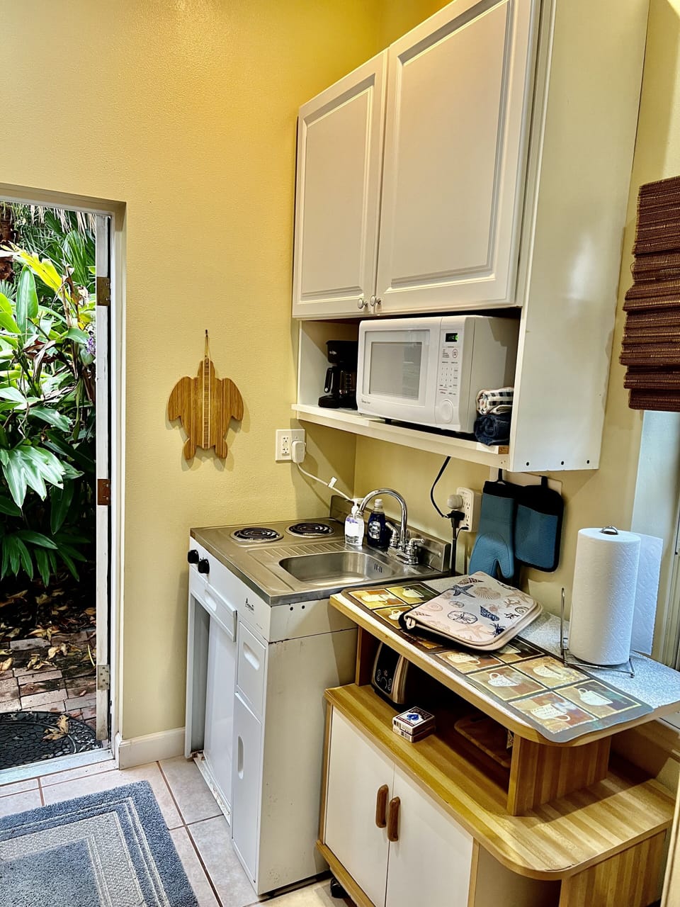 Kitchenette with door to back yard & additional hot outdoor shower.